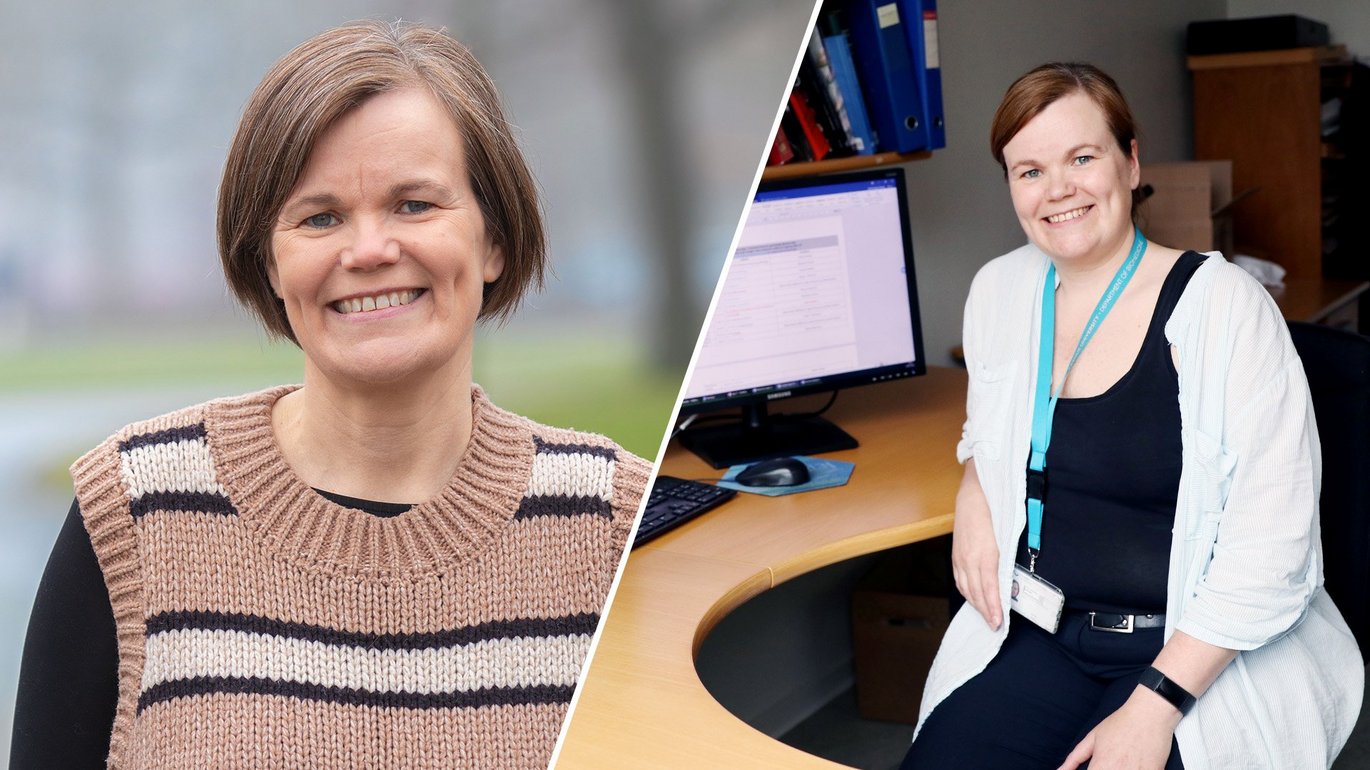Splitbillede af Helle Damkier. begge portrætfotos.