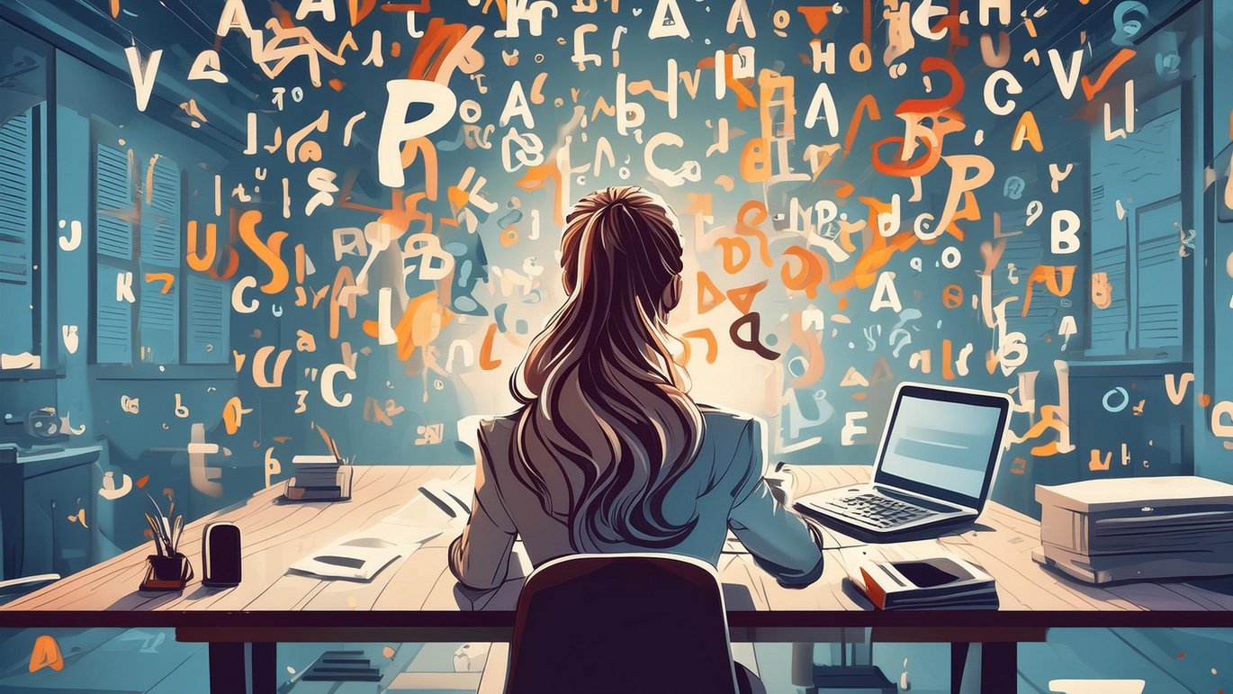 AI-genereret illustration, der viser en kvinde bagfra siddende ved et skrivebord, mens en masse bogstaver svæver rundt om hende.