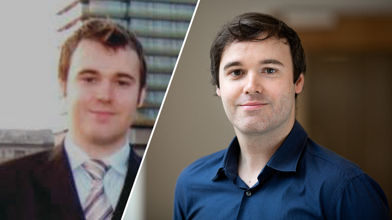 Split-portrætbillede af Ruben Pauwels. Billedet i venstre side er fra 2008. billedet ti lhøjre er nutidigt.